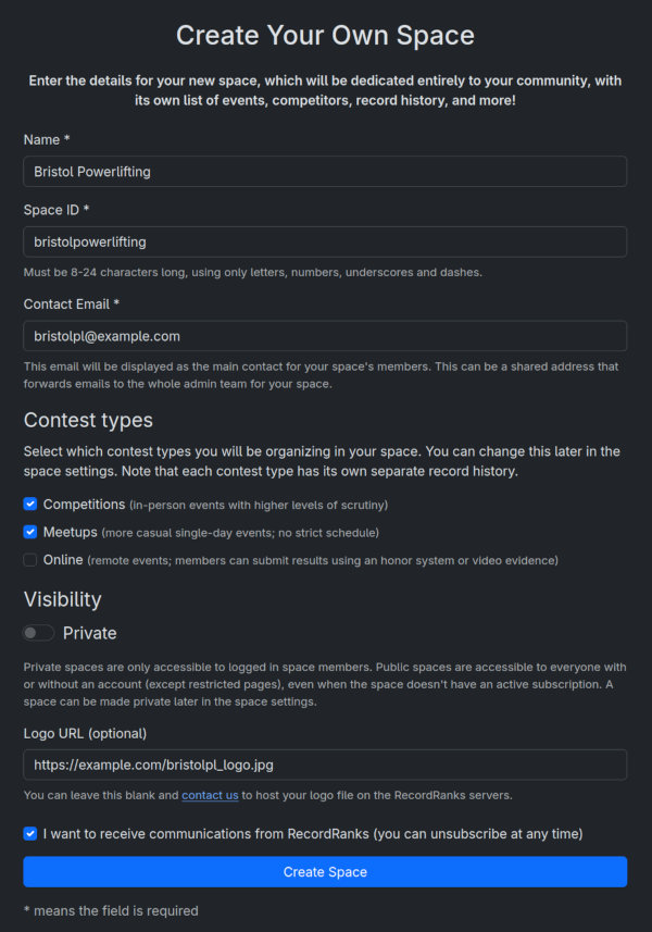 Filled out form for a new space on RecordRanks for Bristol Powerlifting